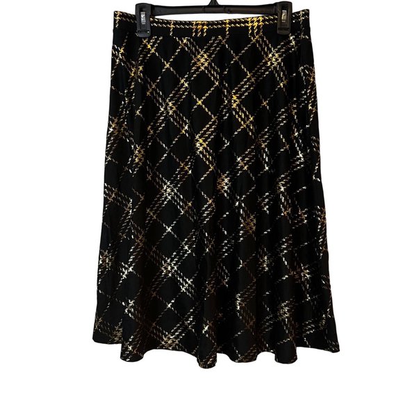 Laura Scott Skirt Black Gold Metallic Checkered A Line Pleated Pull On Womens - Picture 8 of 8